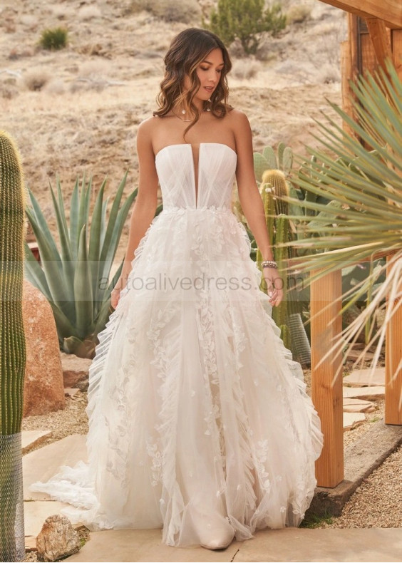 Ivory Lace Tulle Ruffled Wedding Dress With Detachable Straps
